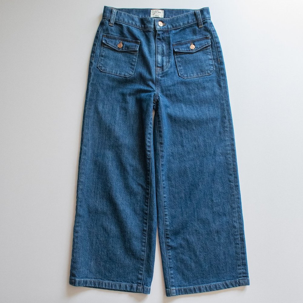 High Waisted Classic Blue Denim Jeans - Crop Wide Leg - Trademark Denim